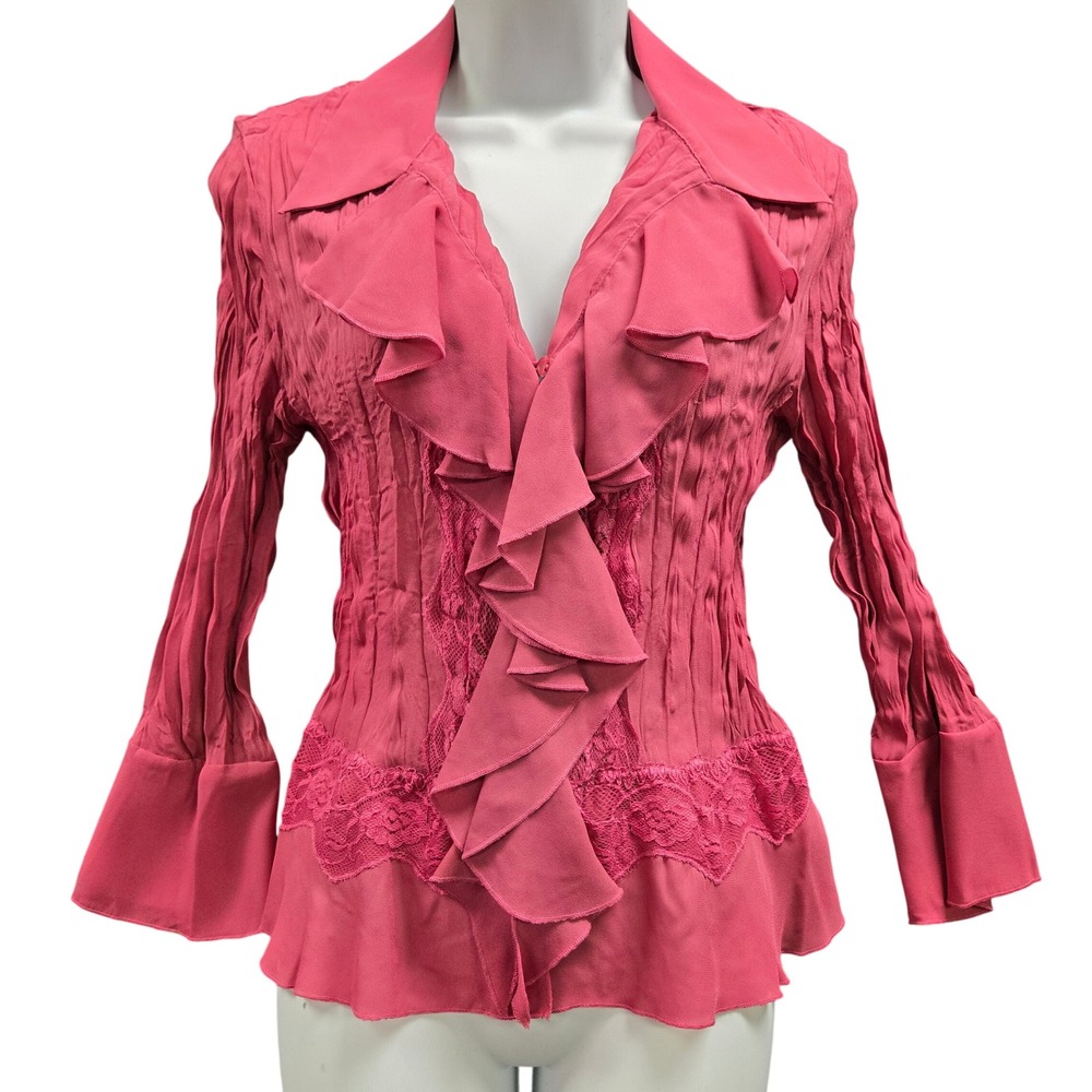 Vintage Y2K Fairy Pink Crepe Pleat Ruffle‎ Blouse Lace Bell Sleeve V-Neck Top S